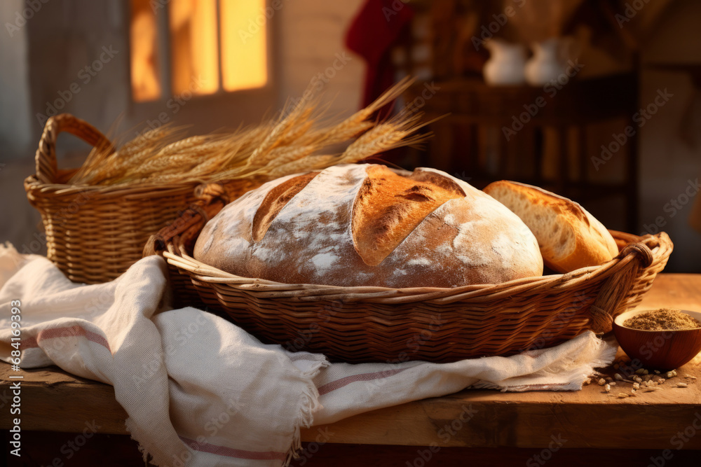 Close up view of a rustic bread basket filled with freshly baked  bread. Shallow depth of field