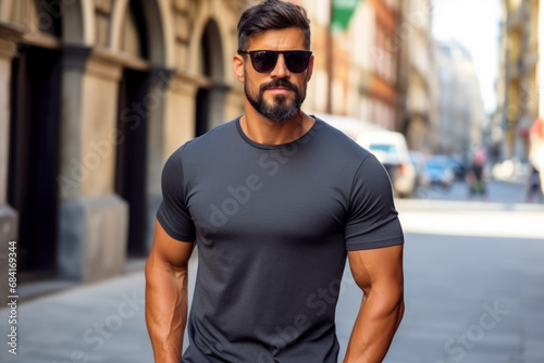 A stylish dark gray blank t-shirt for mock up, worn by a fashionable model wearing sunglasses in an urban setting. Empty space for logo or design on the front of the t-shirt