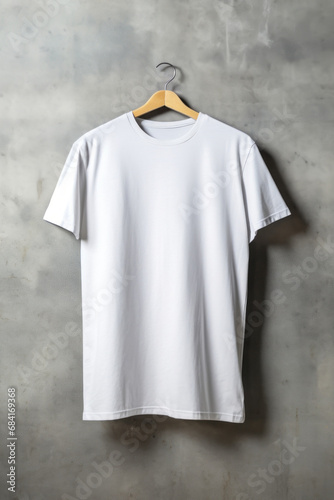 A stylish white t-shirt on a concrete wall background. Empty space for mock up