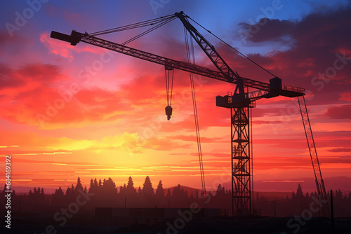 Close up view of a construction crane silhouetted against a colorful sunrise or sunset sky at a building site