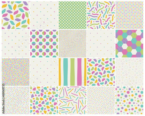 Collection of vector seamless colorful patterns. Trendy bright geometric backgrounds. Simple unusual textile prints. Vibrant endless design