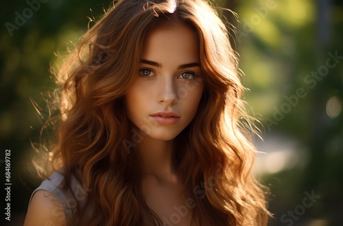 Portrait of a young woman with long hair at sunset