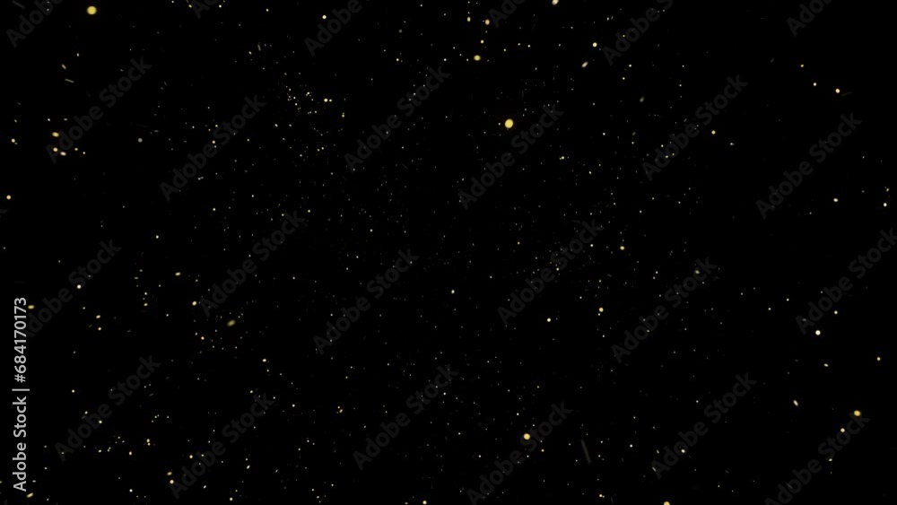 4K Gold Explosion effect. Festive Fireworks. Isolated on black background. Floating golden sparkles. Glowing Particles. Overlay. 60 fps