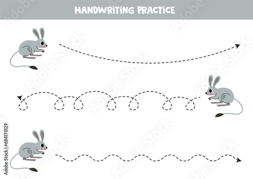 Tracing lines for kids. Cute cartoon gray jerboa. Handwriting practice.