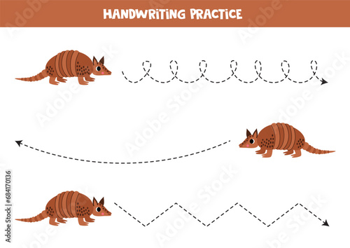 Tracing lines for kids. Cute cartoon brown armadillo. Handwriting practice.