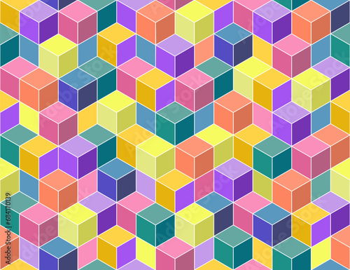 Bright colorful seamless geometric pattern. Repeatable 3d cubes background. Decorative endless vibrant texture. Children textile print