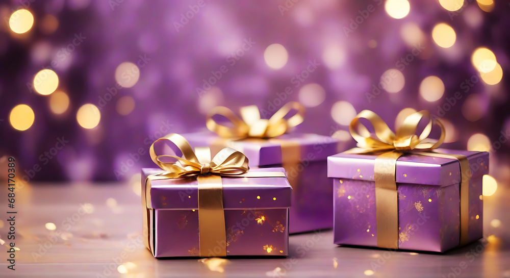 Gorgeous Lilac and Golden Shiny Gift Boxes Amidst a Background of Warm Lights Gorgeous Lilac and Golden Shiny Gift Boxes Amidst a Background of Warm Lights