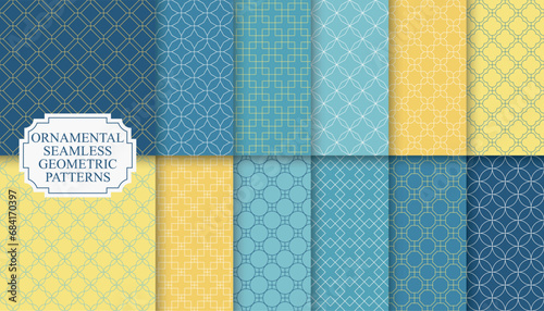 Collection of decorative seamless ornamental geometric patterns - color symmetric outline textures. Vector repeatable tile ornate backgrounds. Textile vintage prints