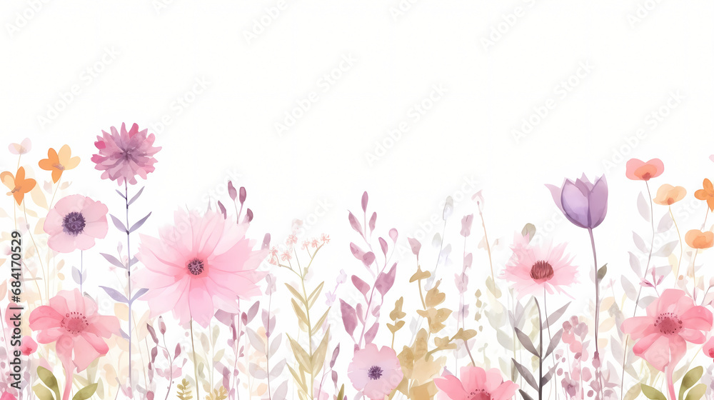 Pink wildflower garden with watercolor