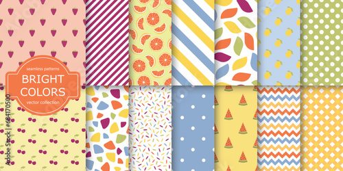 Collection of bright colorful seamless patterns - summer design. Cute endless prints. Repeatable unusual backgrounds