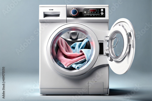 Waschmaschine mit Wäsche als Hintergrund