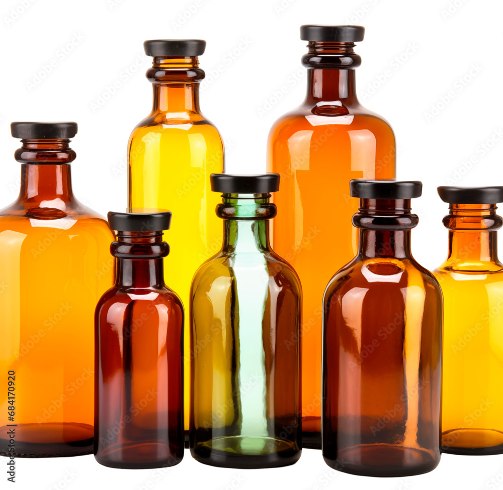 Pharmacy glass bottles. Bottles, large and small, made of colored glass for medicine and cosmetics. Isolated on a transparent background.