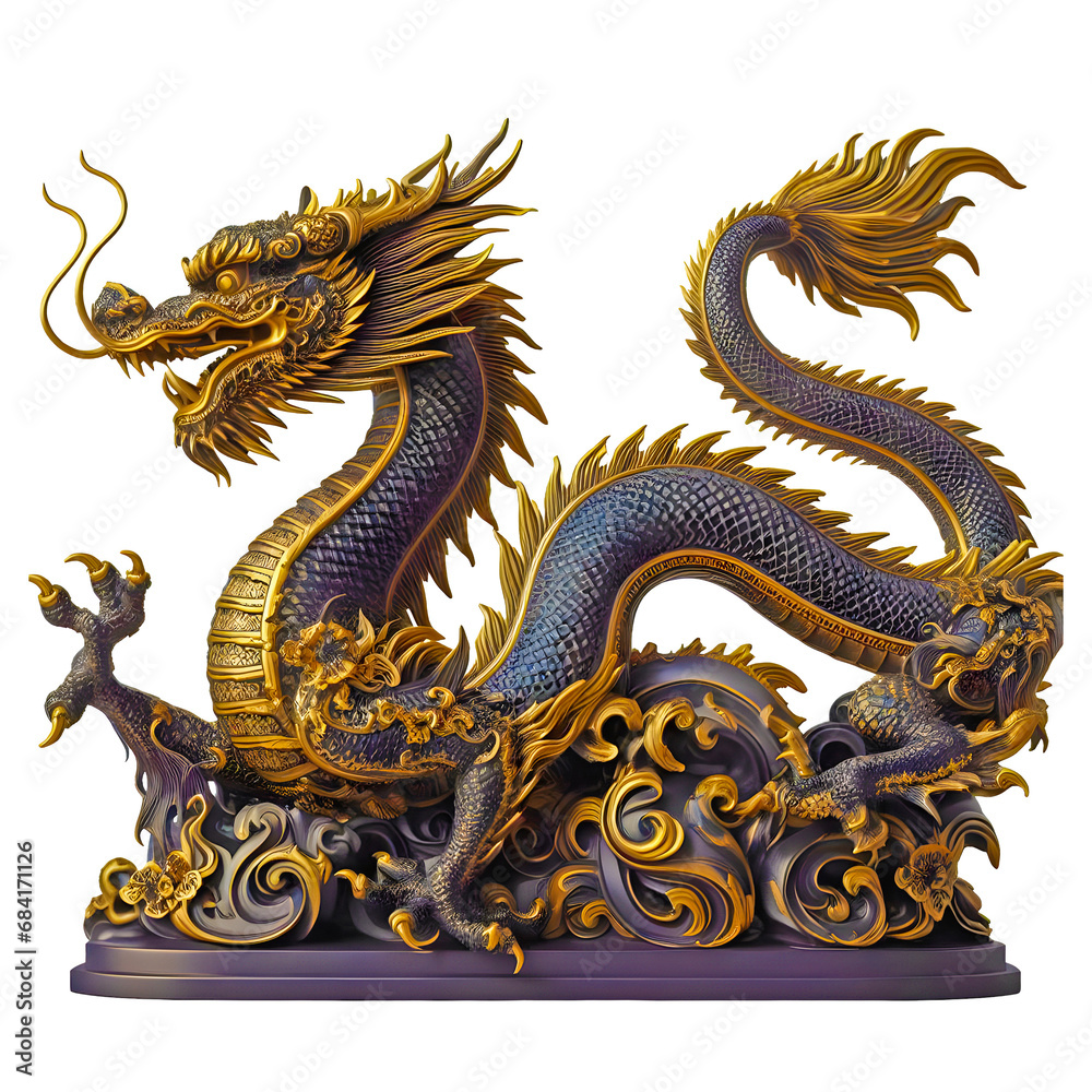 Fototapeta premium decorative dragon statue with black gold variasi color isolated on transparent backgroun