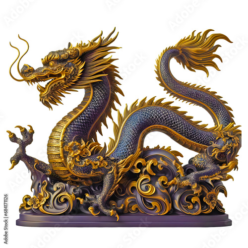 decorative dragon statue with black gold variasi color isolated on transparent backgroun © Pipin