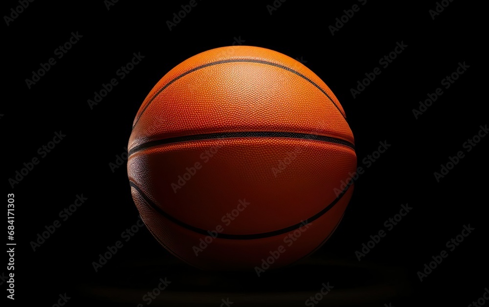 Photorealistic orange basketball ball icon faded on black background. March madness poster design. Minimalistic banner, side view team sport equipment. Open bright colors. AI Generative.