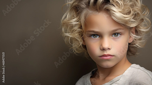 copy space, stockphoto, portrait of an caucasian boy with blond wavy hair. Beautiful young boy. Studio portait.