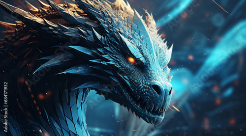 A detailed and mystical blue dragon with glowing eyes in an atmospheric, abstract background.