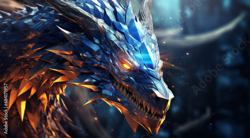 A fierce blue crystal dragon with glowing eyes in an abstract blue background.