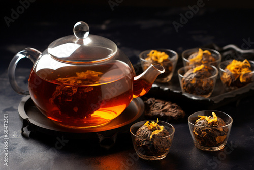 Asian pressed pu-erh tea, shu pu'er in tangerine, blooming tea in ball on dark slate background copy space created with Generative Ai