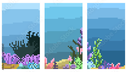 pixel art underwater world in sea vector cartoon landscape, Sea underwater background. Ocean bottom with seaweeds. Vector marine scene