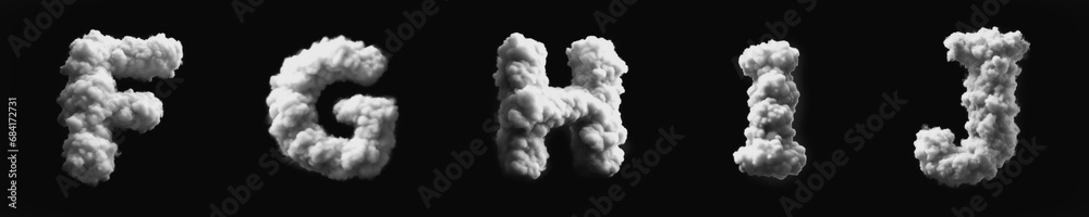 Alphabet from F to J - Cloud - Smoke - Mist - Fog - Steam - Alphabet - Black Background - 3D fat Sans Serif Uppercase Collection - F, G, H, I, J