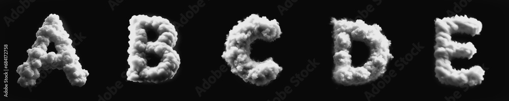 Alphabet from A to E - Cloud - Smoke - Mist - Fog - Steam - Alphabet - Black Background - 3D fat Sans Serif Uppercase Collection - A, B, C, D, E - obrazy, fototapety, plakaty 