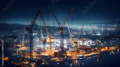 A City Reborn Under the Gleaming Cloak of Night: An Aerial View of an Illuminated Construction Site photo