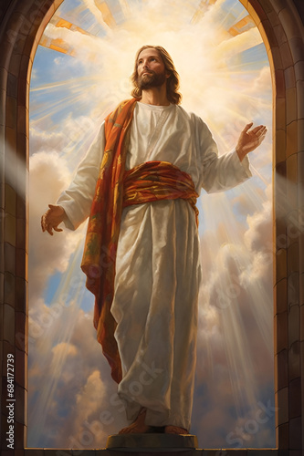 The resurrected Jesus Christ ascending to heaven above the bright light sky and clouds and God, Heaven and Second Coming concept.Vertical frame. photo