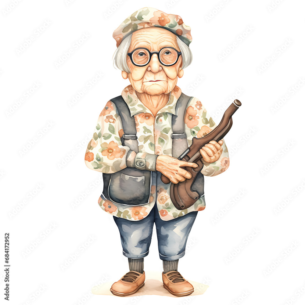 Cute Grandma Hunting Watercolor Clipart Illustration Cute Grandma Hunting Watercolor Clipart Illustration
