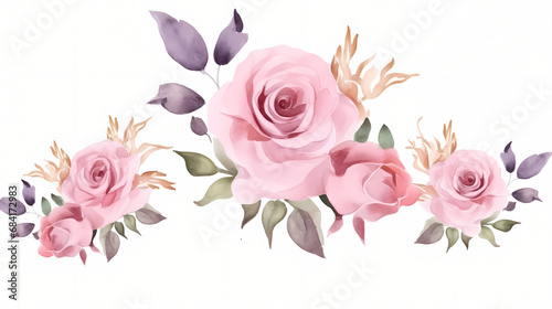 Pink rose flower bouquet collection with watercolor