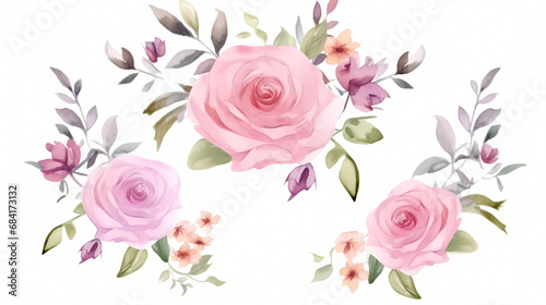 Pink rose flower bouquet collection with watercolor