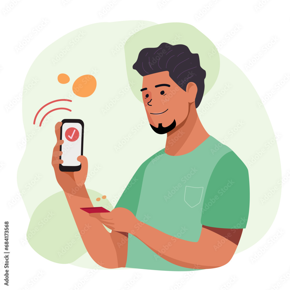 Vector illustration man online shopping and pay mobile contactless with credit card via e wallet