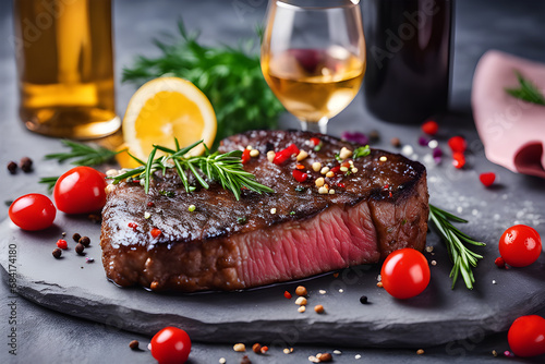 Various degrees of doneness of heart-shaped beef steak with spices, vegetables and a glass of wine on a dark stone background. photo created using the Playground AI platform photo