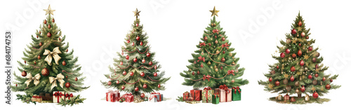 et of hand drawn Christmas tree with gifts isolated on transparent background