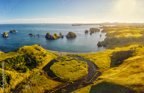Aerial view of an unnamed bay on the island of Shikotan, Kuril Islands.