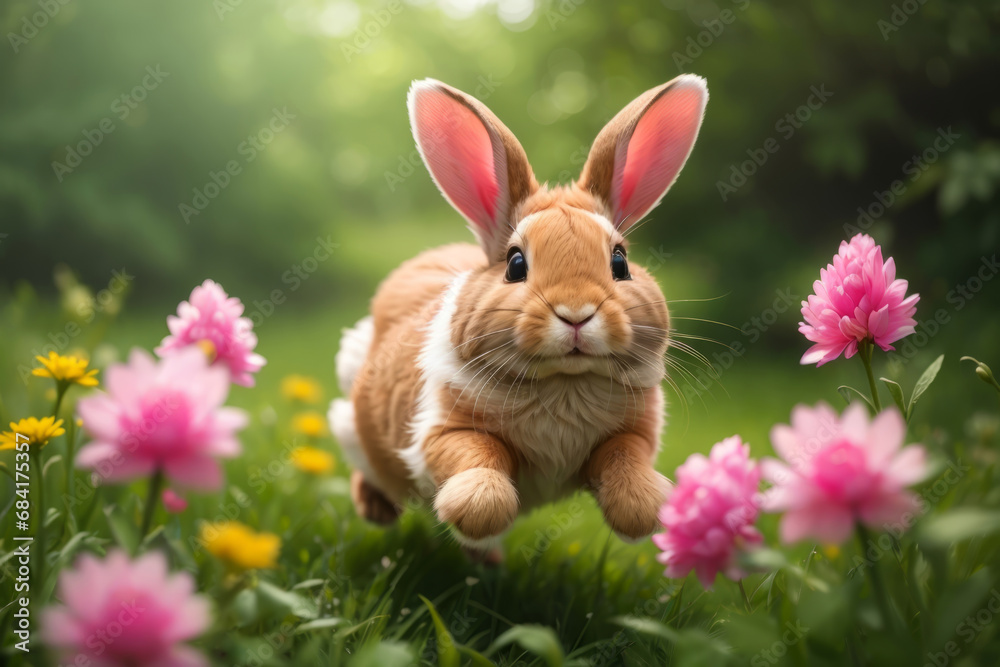 Obraz premium A rabbit with colorful Easter eggs, blurred meadow flowers in a tender moment, blurred green grass and blue sky. happy easter bunny in easter meadow with eggs