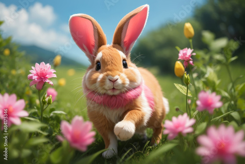 A rabbit with colorful Easter eggs, blurred meadow flowers in a tender moment, blurred green grass and blue sky. happy easter bunny in easter meadow with eggs