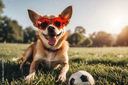 soccer chihuahua dog holding a ball and laughing out loud with red sunglasses on the grass meadow at the park outdoors