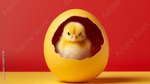 Easter egg with little chick hatching egg on isolated yellow background. photo