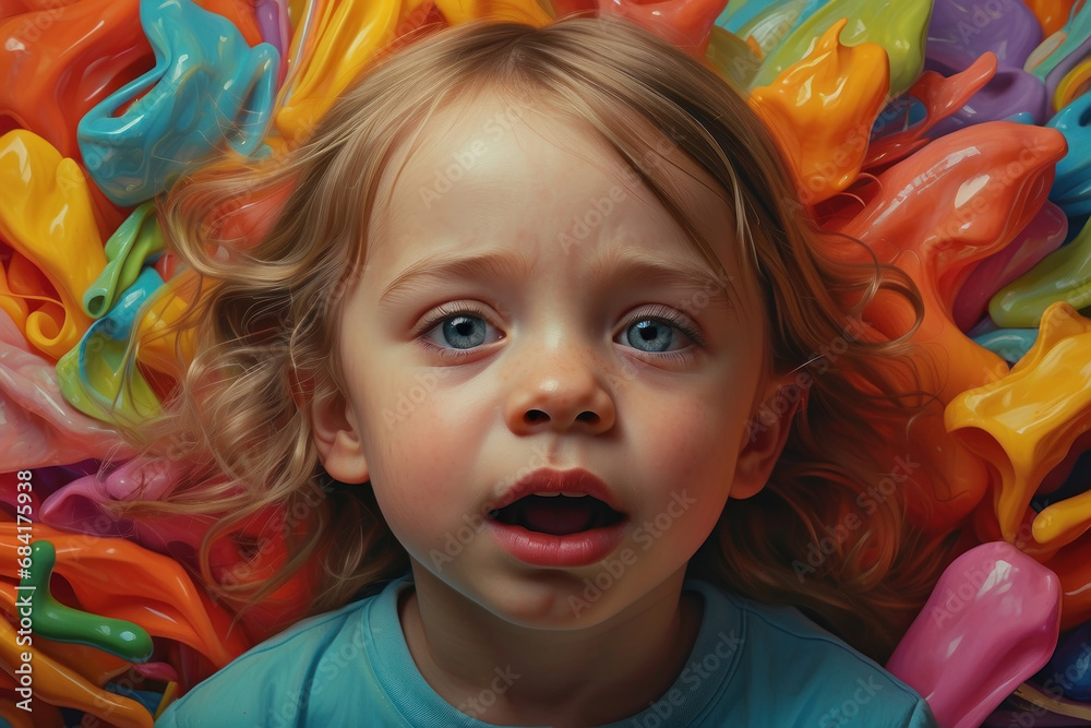 Illustration in bright colors as a painting with a portrait of a child who is overwhelmed by many influences and reacts with illness such as headaches or a vulnerable immune system Illustration in bright colors as a painting with a portrait of a child who is overwhelmed by many influences and reacts with illness such as headaches or a vulnerable immune system