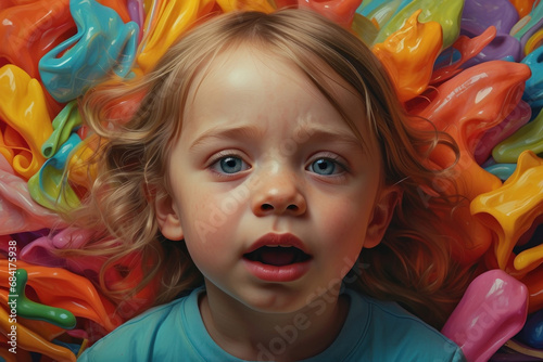 Illustration in bright colors as a painting with a portrait of a child who is overwhelmed by many influences and reacts with illness such as headaches or a vulnerable immune system