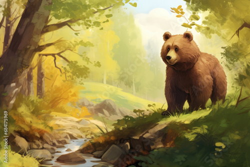Storybook Illustration of a Bear in a Forest © JJAVA