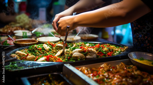 Asian Street Food Market Bustle: Visualize the vibrant chaos of an Asian street food market, with stalls offering a diverse range of delicious and exotic bites