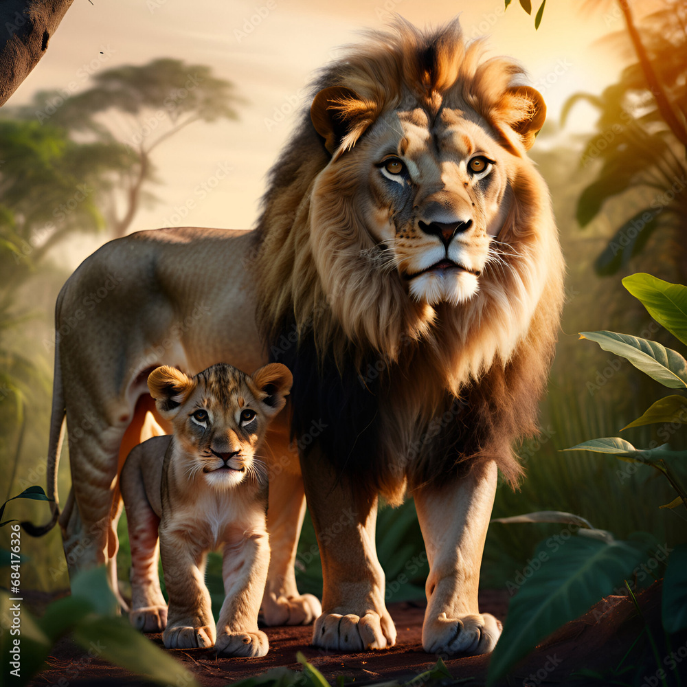 Fototapeta premium lion and lion cub in the tropics