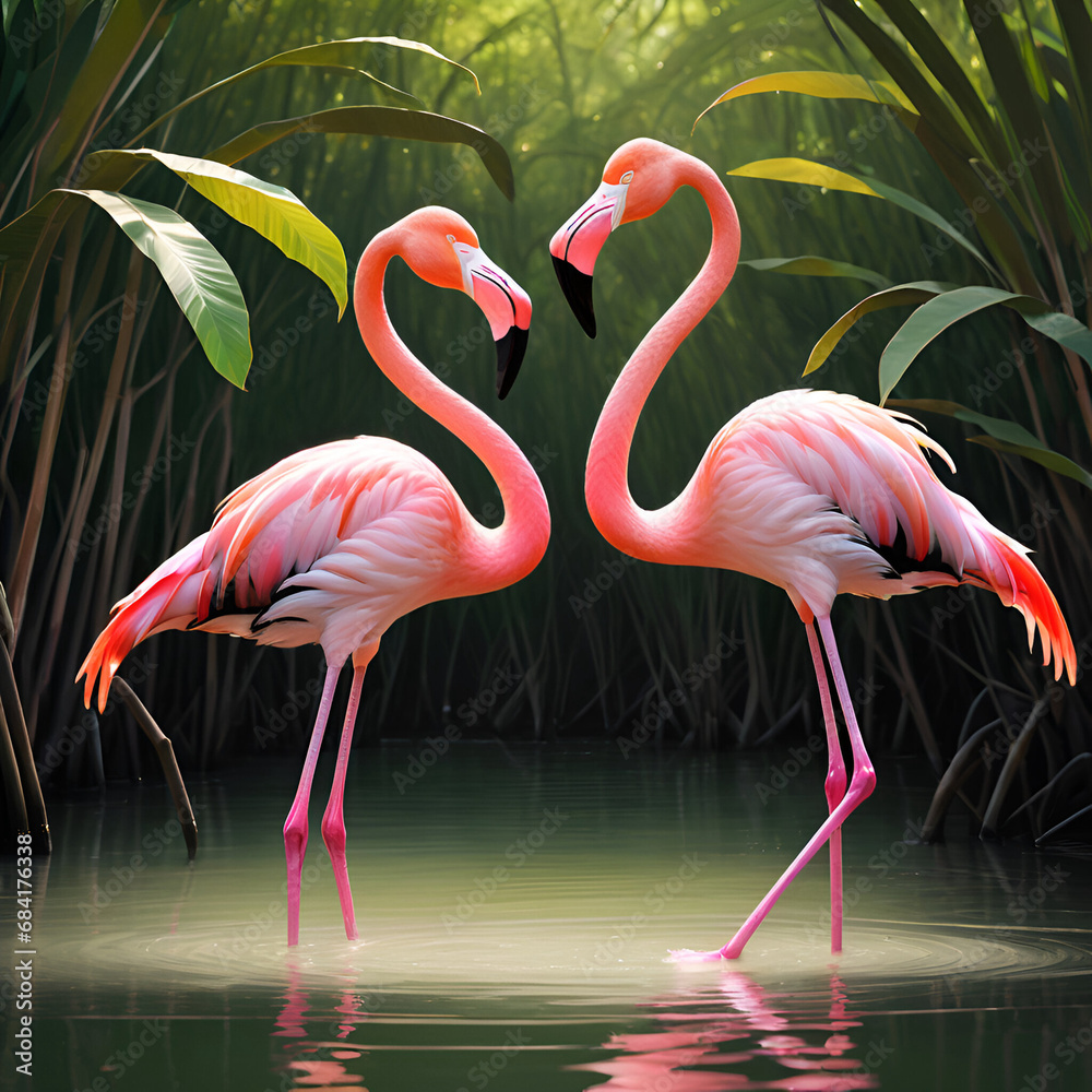 two flamingos stand in the lake against the backdrop of the forest two flamingos stand in the lake against the backdrop of the forest