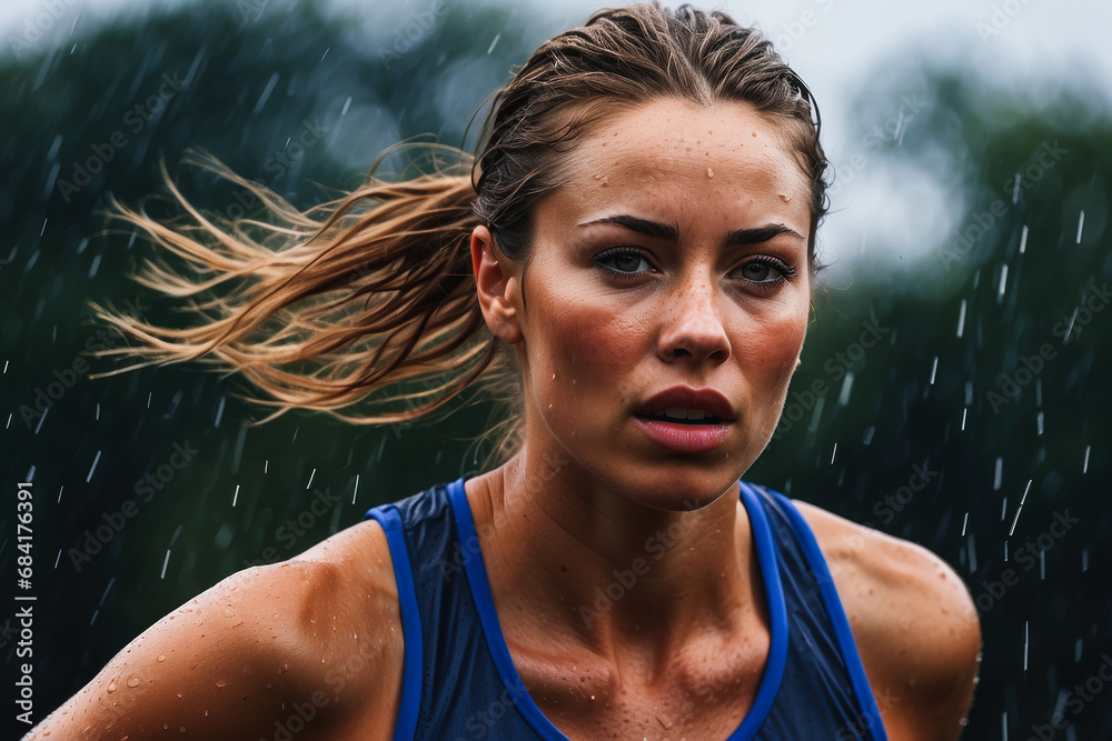 Woman Getting Rained On While Running athlete on the street in the rain. The girl is a football fan. Olympic ...