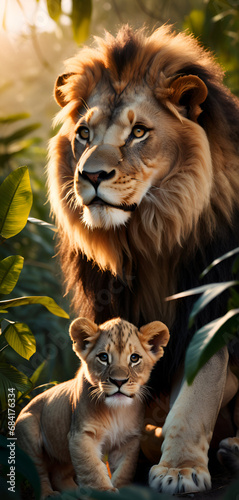 lion and lion cub in the tropics
