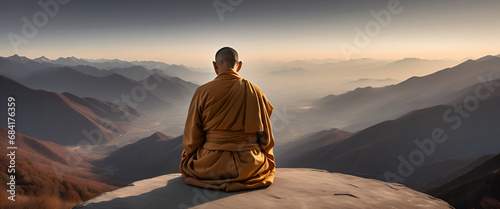 monk sits and looks at the mountains photo