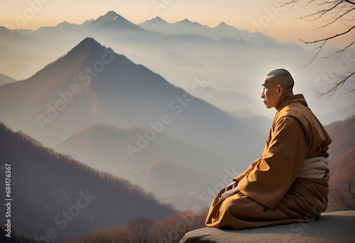 a monk sits on a mountain and looks at the horizon © katerinka