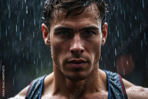 athlete outside in the rain. the concept of sports. Olympic Games. morning jog in bad weather. professional training for running competitions. portrait close-up man